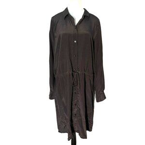 Eileen Fisher Black Silk Button-Down Shirt Dress  Drawstring Waist & Pockets L